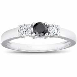 Promo 👍 Pompeii3 1/2ct Black & White Diamond 3-Stone Engagement Ring 10K White Gold for 👩 women 🥰