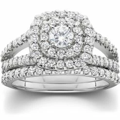 Best deal 👍 Pompeii3 1 1/10ct Cushion Halo Diamond Engagement Wedding Ring Set 10K White Gold for 👩 women 🧨