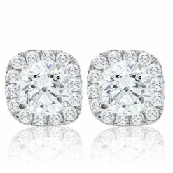 New 🛒 Pompeii3 2 1/4Ct Cushion Halo Diamond Screw Back Studs 14k White Gold Enhanced Earrings for 👩 women 🧨