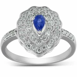 Top 10 😉 Pompeii3 3/4 Ct Pear Shape Blue Sapphire & Diamond Halo Vintage Fashion Ring White Gold for 👩 women 💯