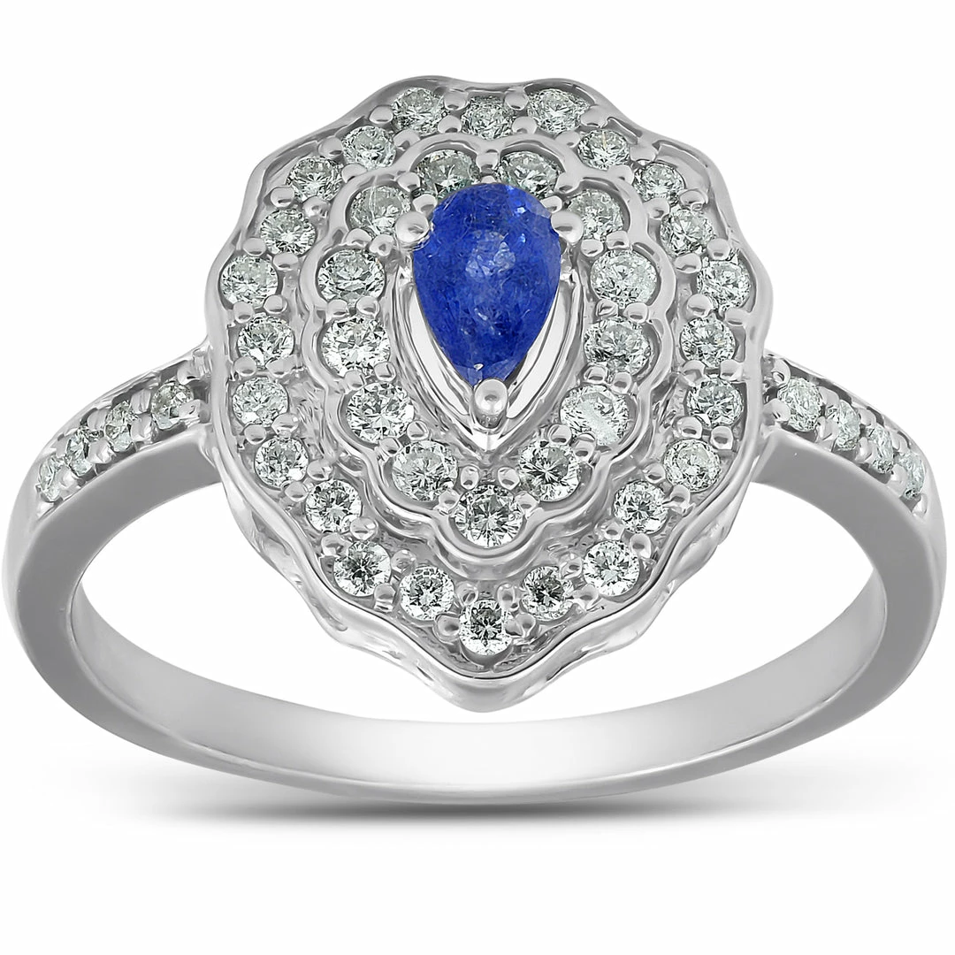 Top 10 😉 Pompeii3 3/4 Ct Pear Shape Blue Sapphire & Diamond Halo Vintage Fashion Ring White Gold for 👩 women 💯