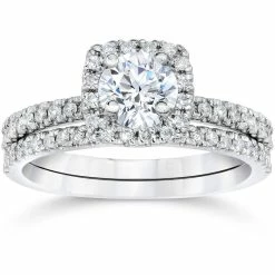Wholesale 😉 Pompeii3 1 cttw Cushion Halo Diamond Engagement Wedding Ring Set 10K White Gold for 👩 women ❤️