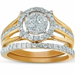 Best Pirce โ Pompeii3 1 Ct Halo Diamond Engagement Wedding Ring Set Multi Row Wedding Band Yellow Gold for ๐ฉ women ๐