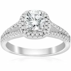 Best deal 😀 Pompeii3 3/4ct Cushion Halo Diamond Engagement Ring Split Shank 14k White Gold for 👩 women 🔥