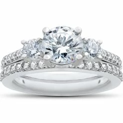 Best deal ⌛ Pompeii3 1 1/4 Ct 3-Stone Lab Created Diamond Engagement Ring Wedding Band 14k White Gold for 👩 women 🧨