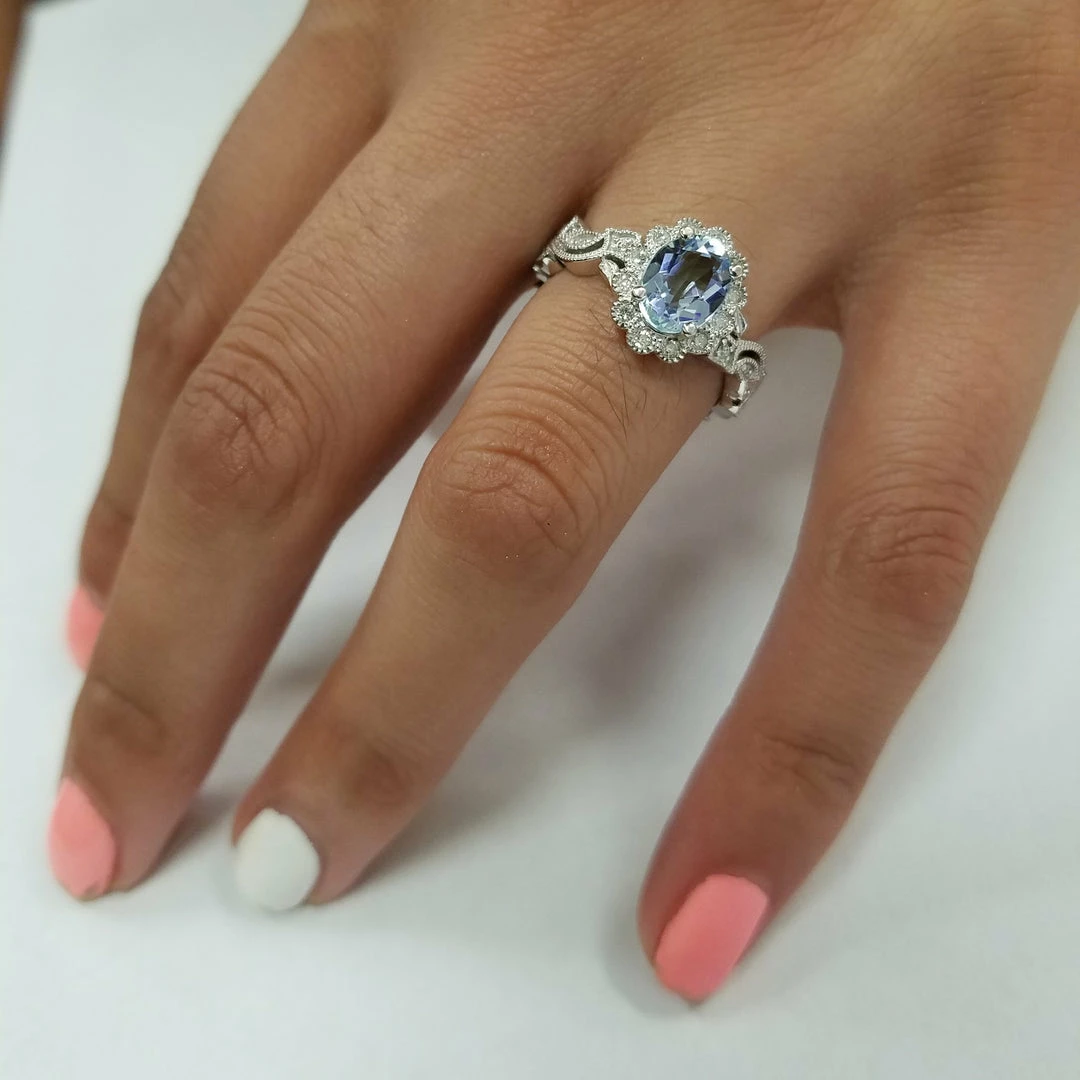 Wholesale ๐ Pompeii3 1 ct Oval Blue Topaz & Diamond Vintage Halo Vine Petal Ring 14k White Gold for ๐ฉ women ๐ฏ - Image 3