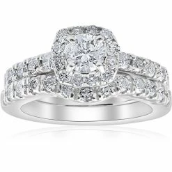 Wholesale 😉 Pompeii3 1 1/4ct Cushion Halo Diamond Engagement Matching Wedding Ring Set 14K White Gold for 👩 women 🧨