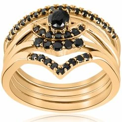Best deal 😍 Pompeii3 1/2ct 4-Ring Stackable Yellow Gold Black Diamond Curved Wedding Engagement Set for 👩 women 😍
