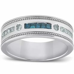 Best Sale ⌛ Pompeii3 1/2 Ct Mens Blue Diamond Princess Cut Wedding Ring 10k White Gold ✔️