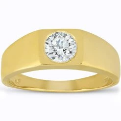 Outlet 🧨 Pompeii3 Mens 1 ct Round Solitaire Diamond Wedding Ring 14k Yellow Gold 🎉