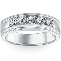 Best Sale 😍 Pompeii3 1 Ct Mens Diamond 5-Stone Wedding Ring Channel Set Classic Ring 10k White Gold ⭐