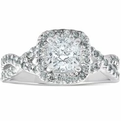 Promo ✨ Pompeii3 1 1/2 Ct Cushion Diamond Halo Twisted Band Engagement Ring 14k White Gold for 👩 women 🎉