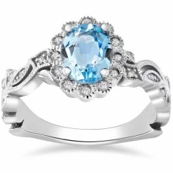 Wholesale 👍 Pompeii3 1 ct Oval Blue Topaz & Diamond Vintage Halo Vine Petal Ring 14k White Gold for 👩 women 💯