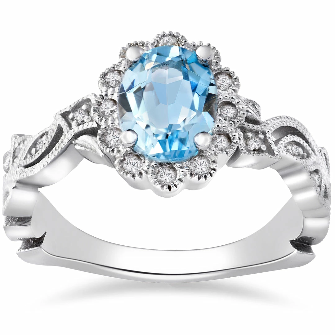 Wholesale ๐ Pompeii3 1 ct Oval Blue Topaz & Diamond Vintage Halo Vine Petal Ring 14k White Gold for ๐ฉ women ๐ฏ