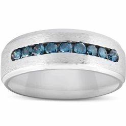Coupon 🥰 Pompeii3 Mens 1/3ct Blue Diamond Brushed Wedding Ring 14k White Gold 🎁