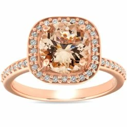 Outlet 👍 Pompeii3 2 Ct Morganite & Diamond Cushion Halo Engagement Ring 14k Rose Gold for 👩 women 👍