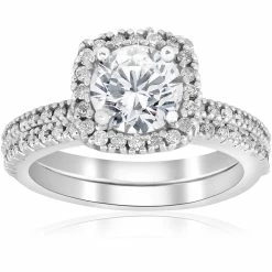 Best deal ✨ Pompeii3 1 1/5ct Diamond Cushion Halo Engagement Ring Wedding Band Set 14k White Gold for 👩 women 🎉